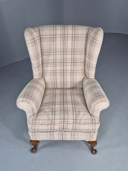 Vintage Wingback Lounge Chair 20th Century Check Wool Upholstery EB12856