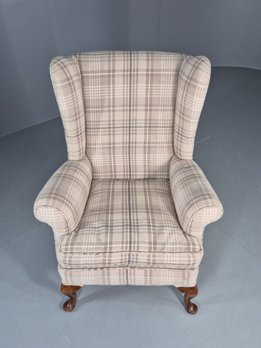 Vintage Wingback Lounge Chair 20th Century Check Wool Upholstery EB12856