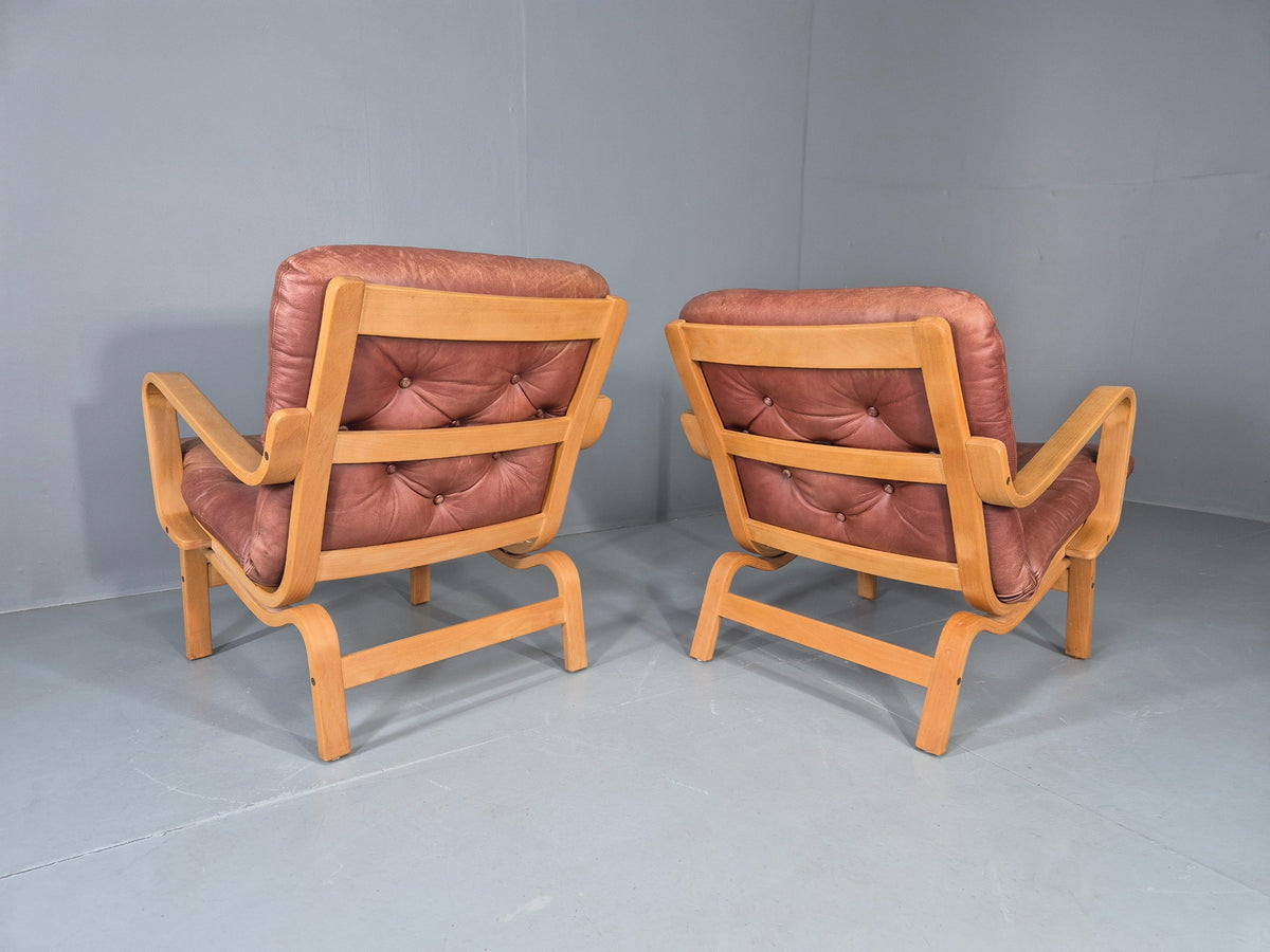 2 Vintage Swedese Leather Bentwood Lounge Chairs Design Yngve Ekstrom  EB13089