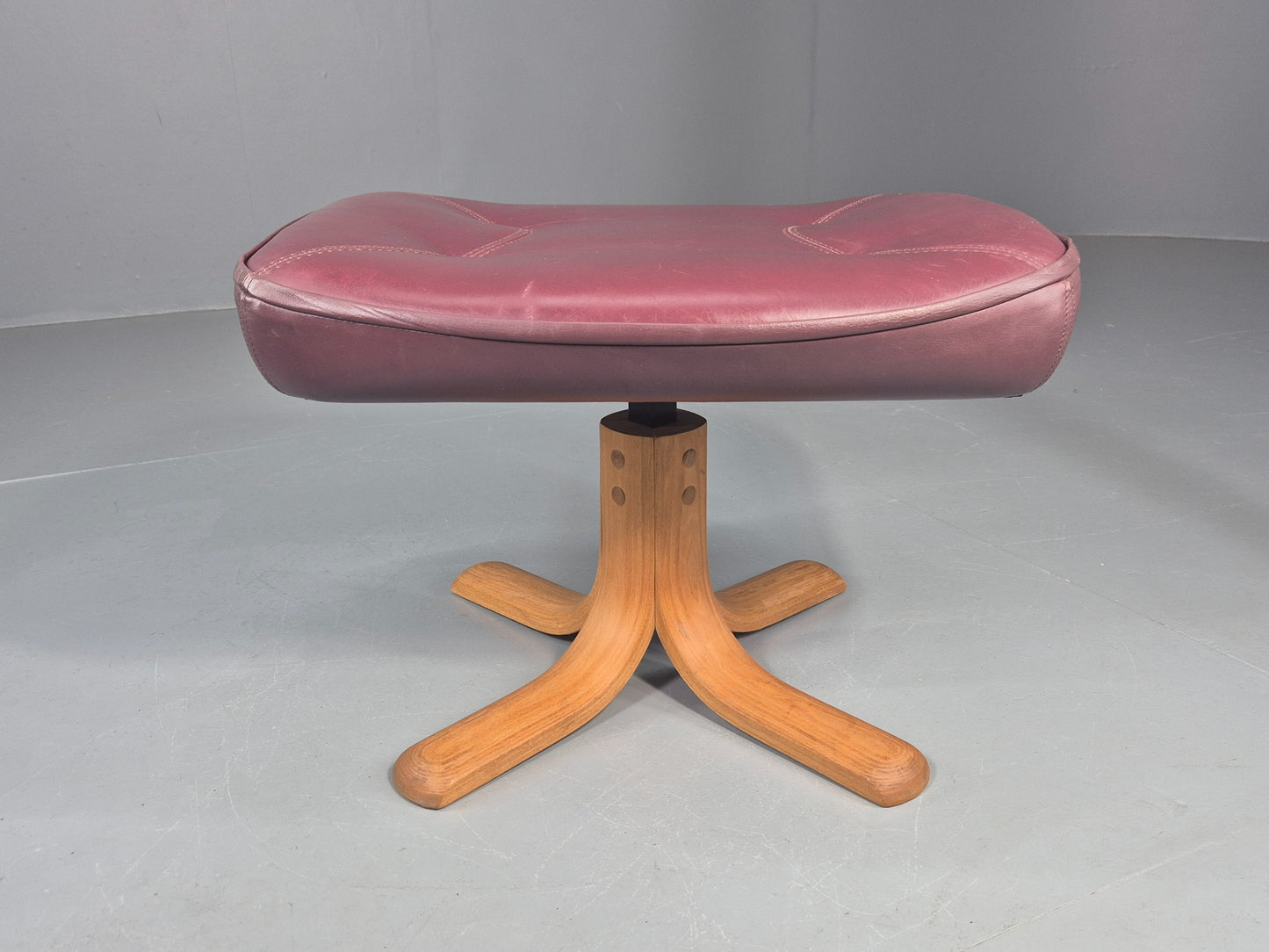 Vintage Stouby Swivel Footstool 1980s Burgundy Leather Bentwood Base EB12051
