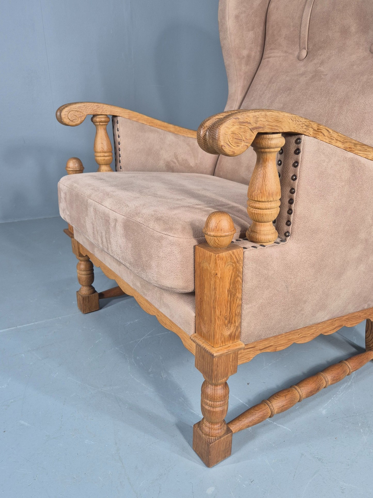Vintage Wing Back Lounge Chair 1970s Danish Faux Suede on Oak Frame EB12774