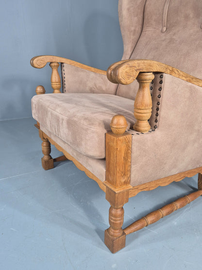 Vintage Wing Back Lounge Chair 1970s Danish Faux Suede on Oak Frame EB12774
