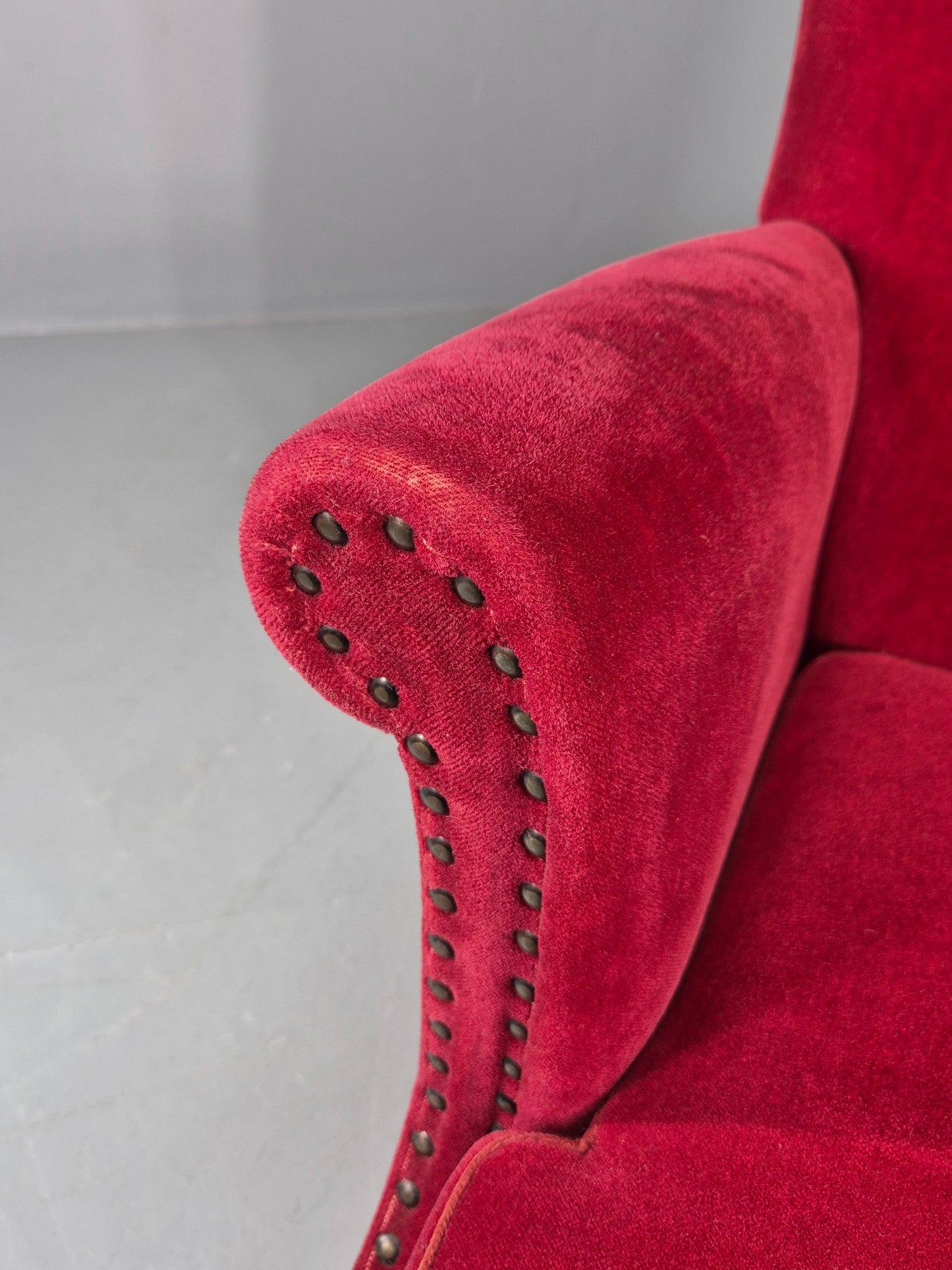 Vintage Wingback Lounge Chair Red Velour Cream Cushion Danish 1960s EB12762