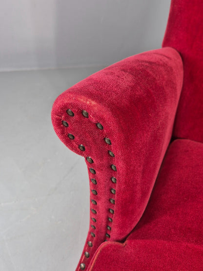 Vintage Wingback Lounge Chair Red Velour Cream Cushion Danish 1960s EB12762
