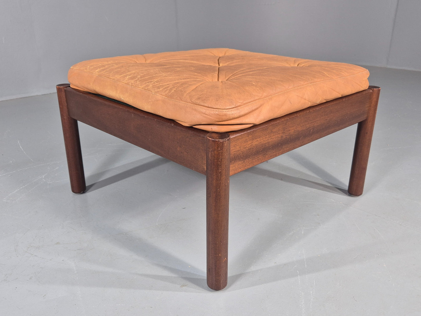Vintage Danish Mid Century Footstool Leather upholstered Hard Wood Frame EB12009