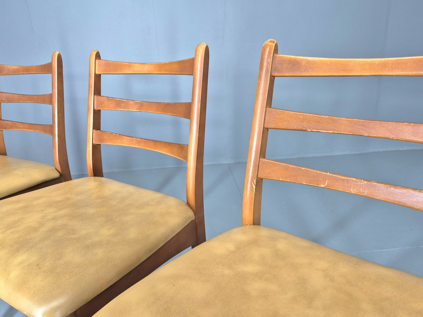 4 Vintage Mid Century Dining Chairs Beech Frames Vinyl Schreiber 1970s  EB12463