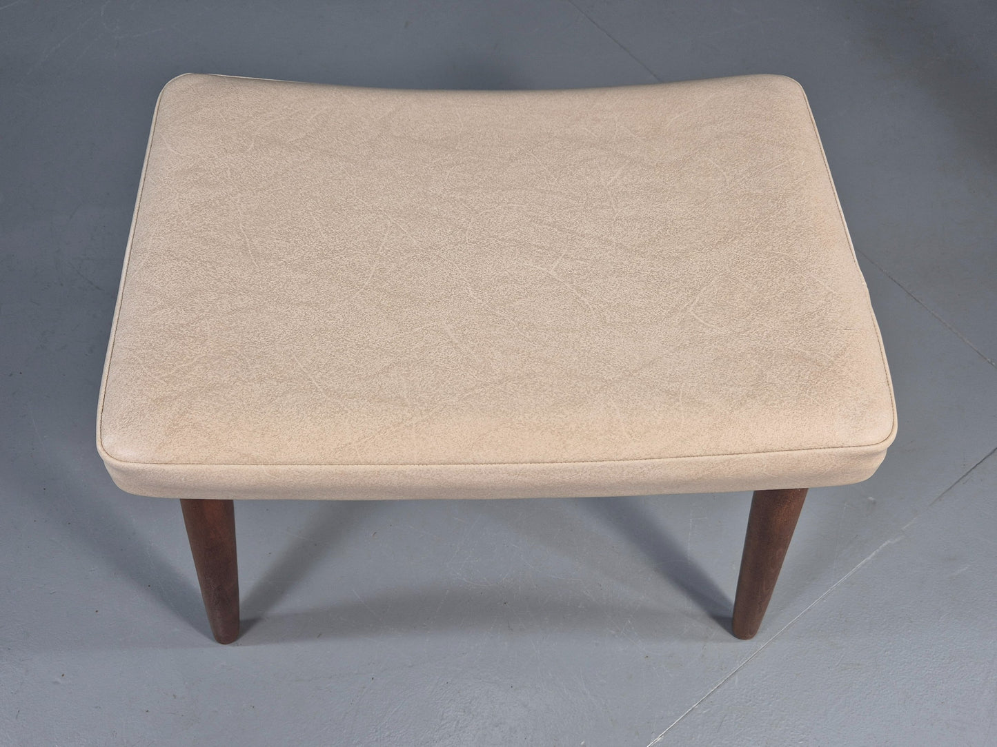 Vintage Mid Century Footstool Danish Cream Vinyl Beech Legs 1960s Retro 12052