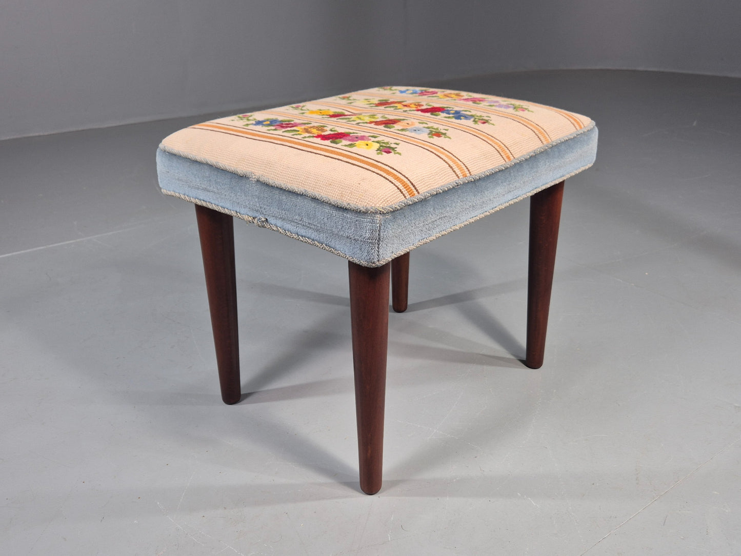 Vintage Danish Midcentury Footstool with Tapestry Floral Top 1960s EB12029