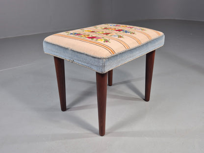 Vintage Danish Midcentury Footstool with Tapestry Floral Top 1960s EB12029