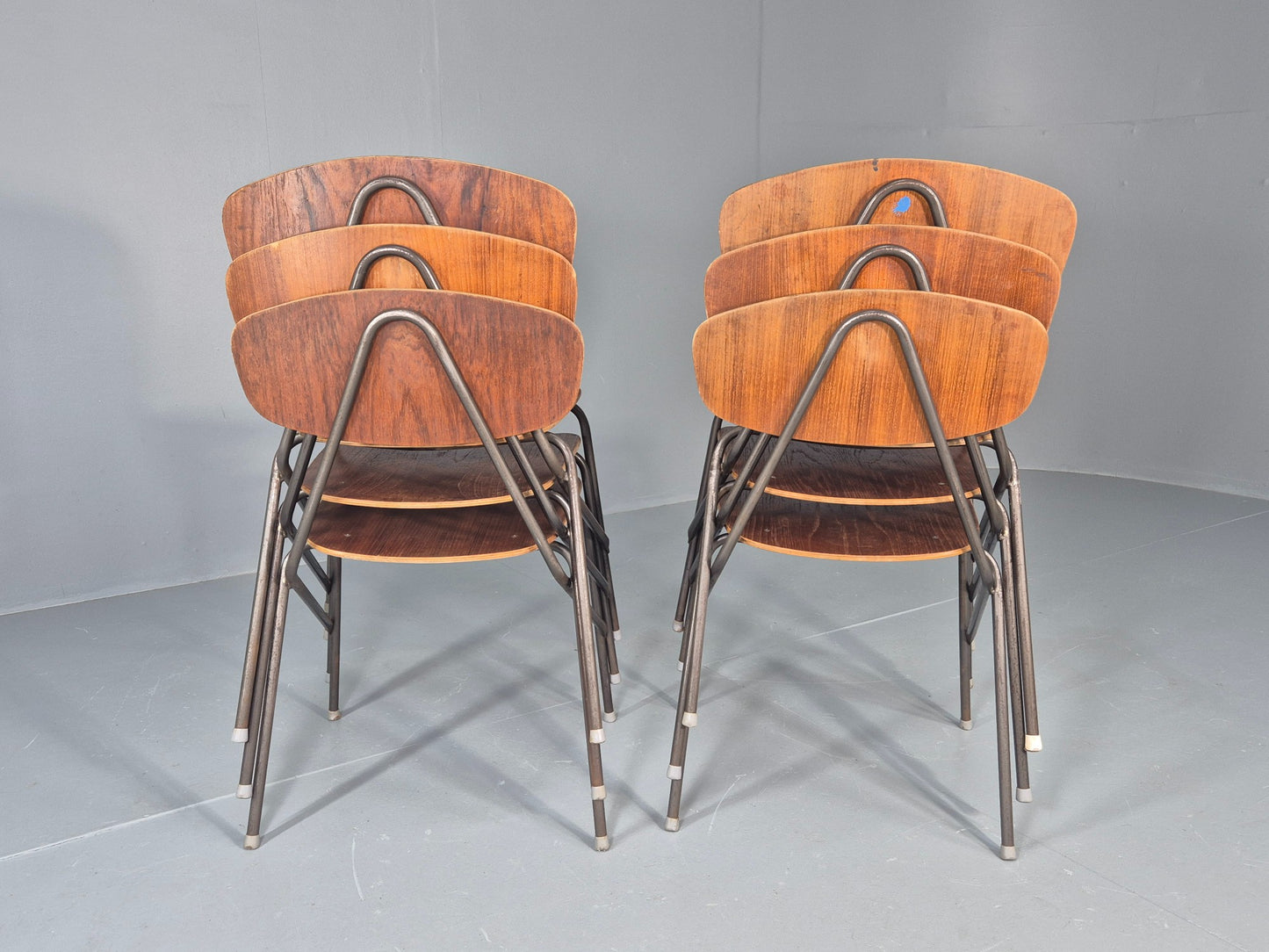 6 Vintage Danish Stacking Chair Industrial Steel and Teak Ply Retro MCM  EB12475