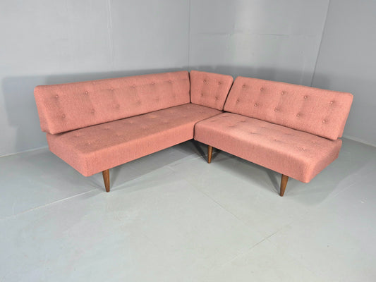 Vintage Mid Century Corner Bench Sofa Danish 1950s Pink Wool Retro EB12091