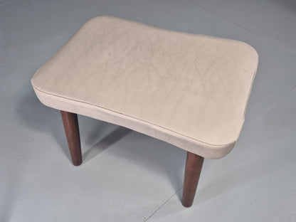 Vintage Mid Century Footstool Danish Cream Vinyl Teak Legs 1960s Retro EB12055