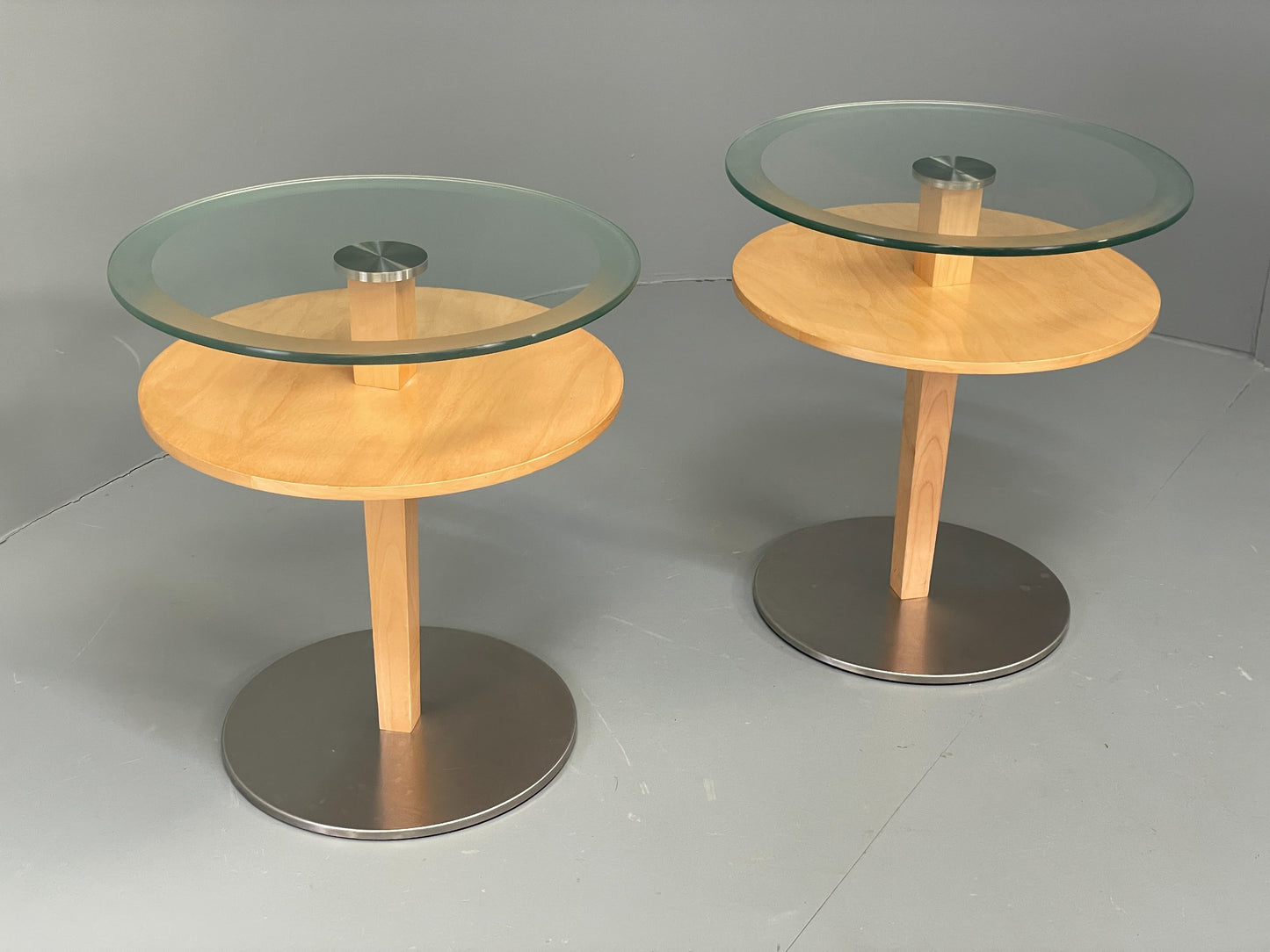 Danish Circular Side Tables Glass & Beech Pedestal Contemporary EB12400