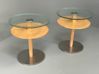Danish Circular Side Tables Glass & Beech Pedestal Contemporary EB12400