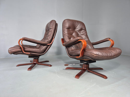 2 Vintage Danish Lounge Chairs Swivel Recline Leather Mid Century Retro EB13093