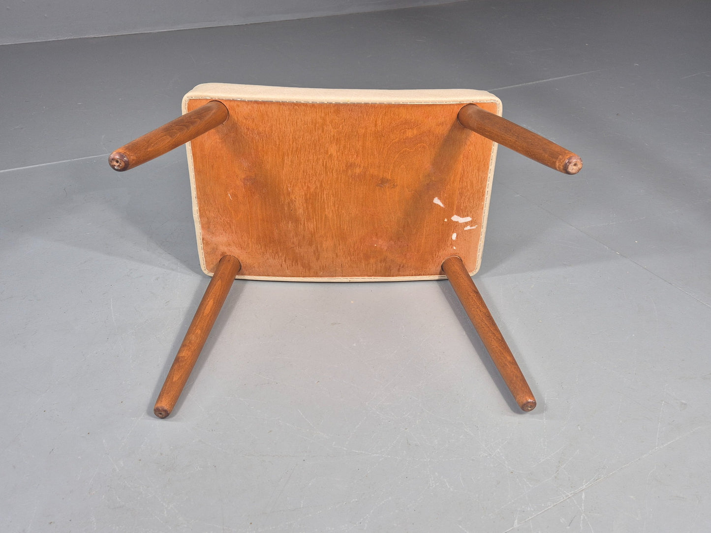 Vintage Mid Century Footstool Danish Cream Vinyl Beech Legs 1960s Retro 12052