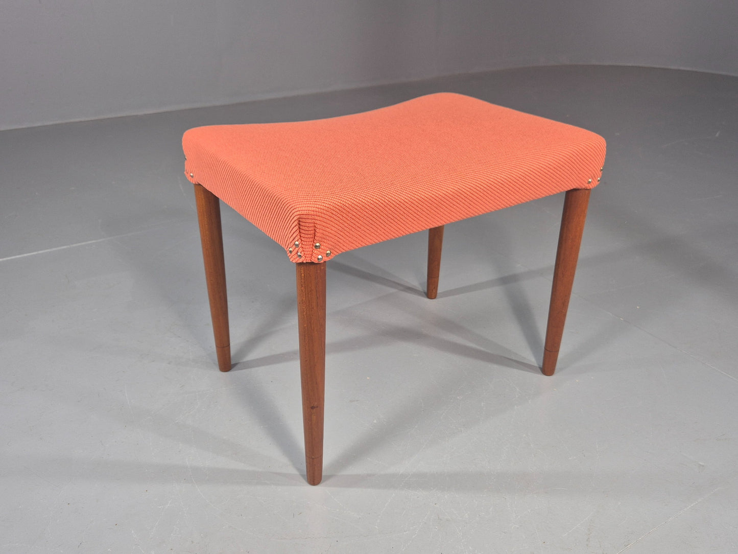 Vintage Mid Century Footstool Danish Design Peach Upholstery Teak Legs  EB12050