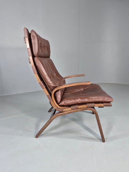 Vintage 1970s Leather Lounge Chair Farstrup Denmark Bentwood Frame Retro EB12311