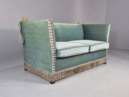 Vintage Danish Knole Sofa 2 Seater Blue Velour Floral Cream Cushions EB12748