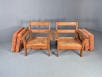 2 Vintage `Armchars Scandinavian Chunky Pine Frames 1970s Retro EB12777