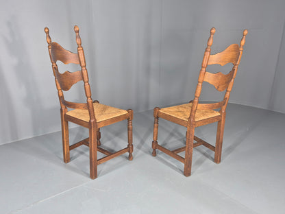 Vintage Spanish Style Country Chairs Rush Seated Oak Frames EB11951