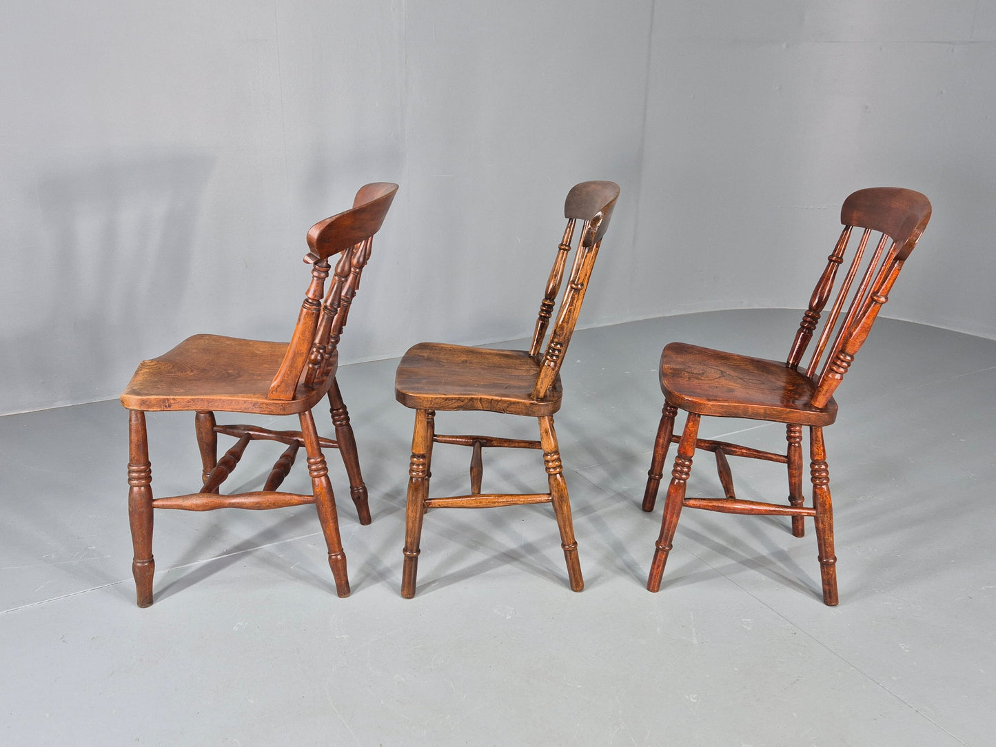 3 Antique Windsor Chairs Elm and Beech Spindle backs Victorian  EB12486