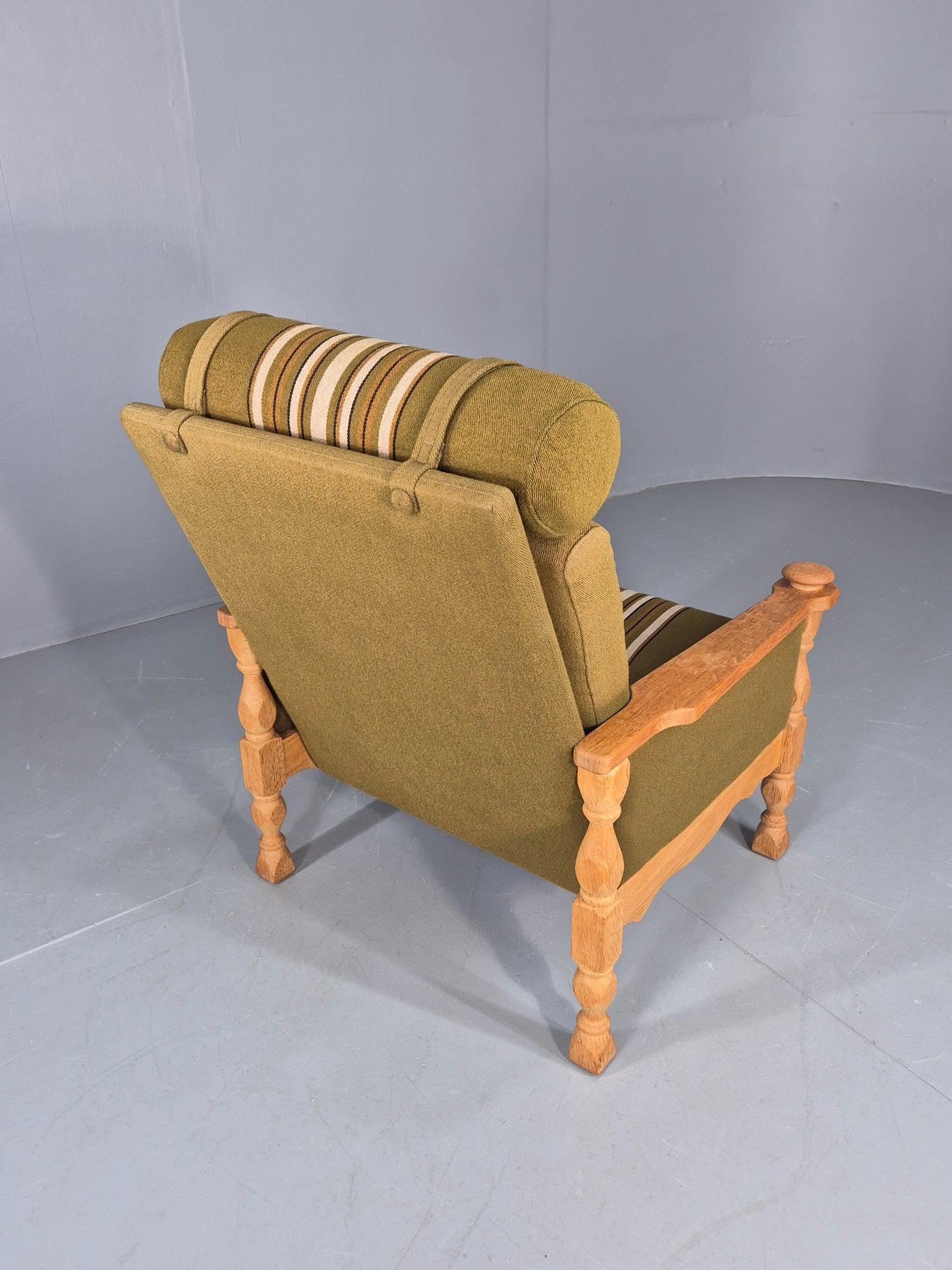 Vintage High Back Kjearnulf Arm Chair Oak Frame Green Stripe 1970s Retro EB12736