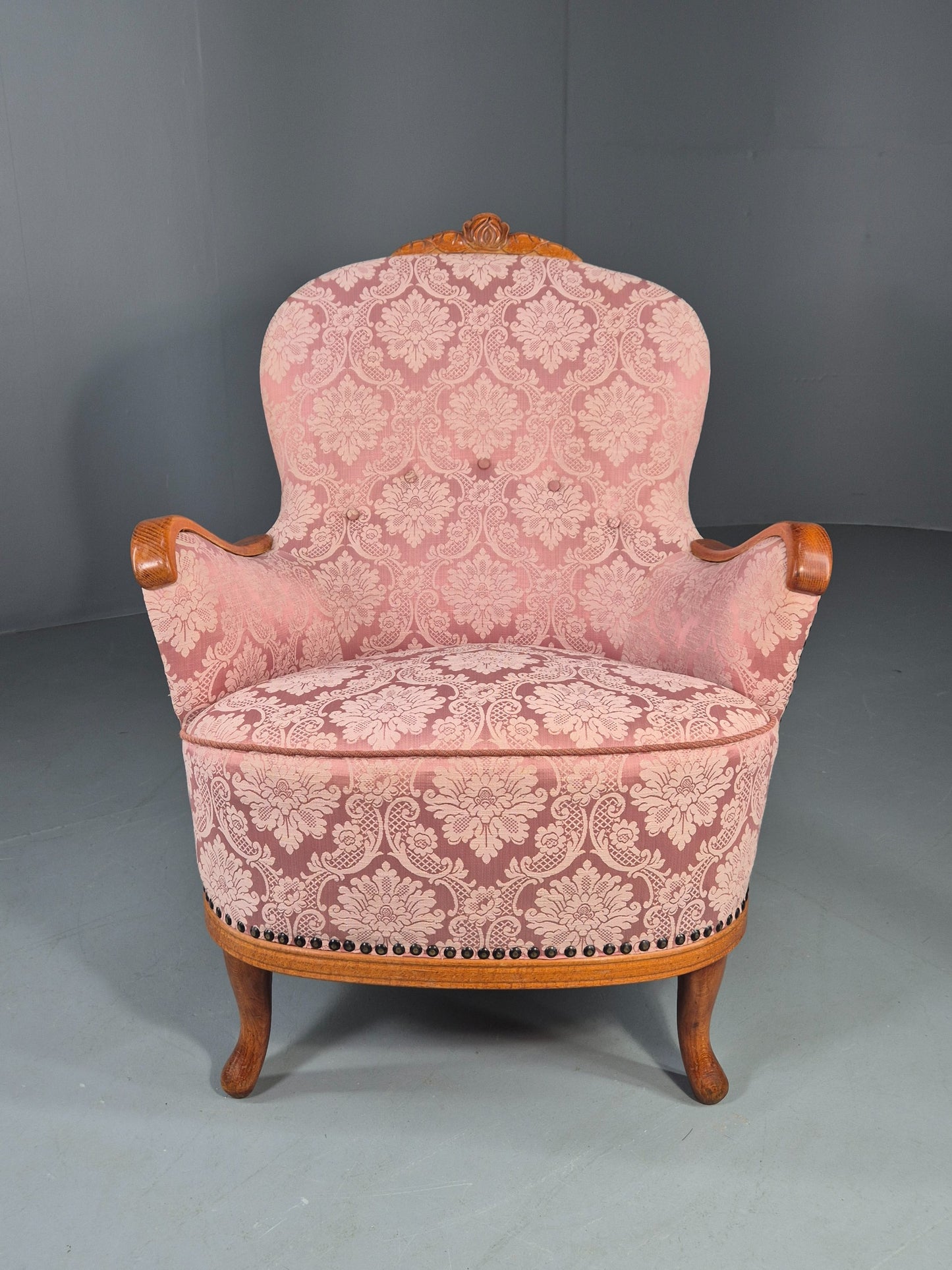 Vintage Danish Rococo Style Arm Chair Pink Floral Damask 20th Century EB12704