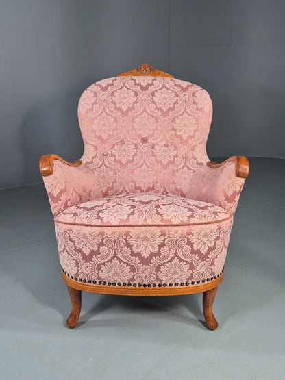 Vintage Danish Rococo Style Arm Chair Pink Floral Damask 20th Century EB12704