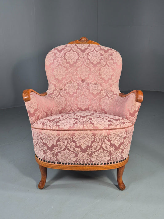 Vintage Danish Rococo Style Arm Chair Pink Floral Damask 20th Century EB12704