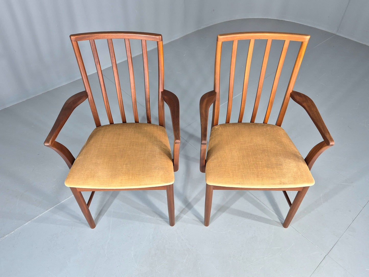2 Vintage McIntosh Carver Dining Chairs Teak Frames Gold Velour Seats EB12181