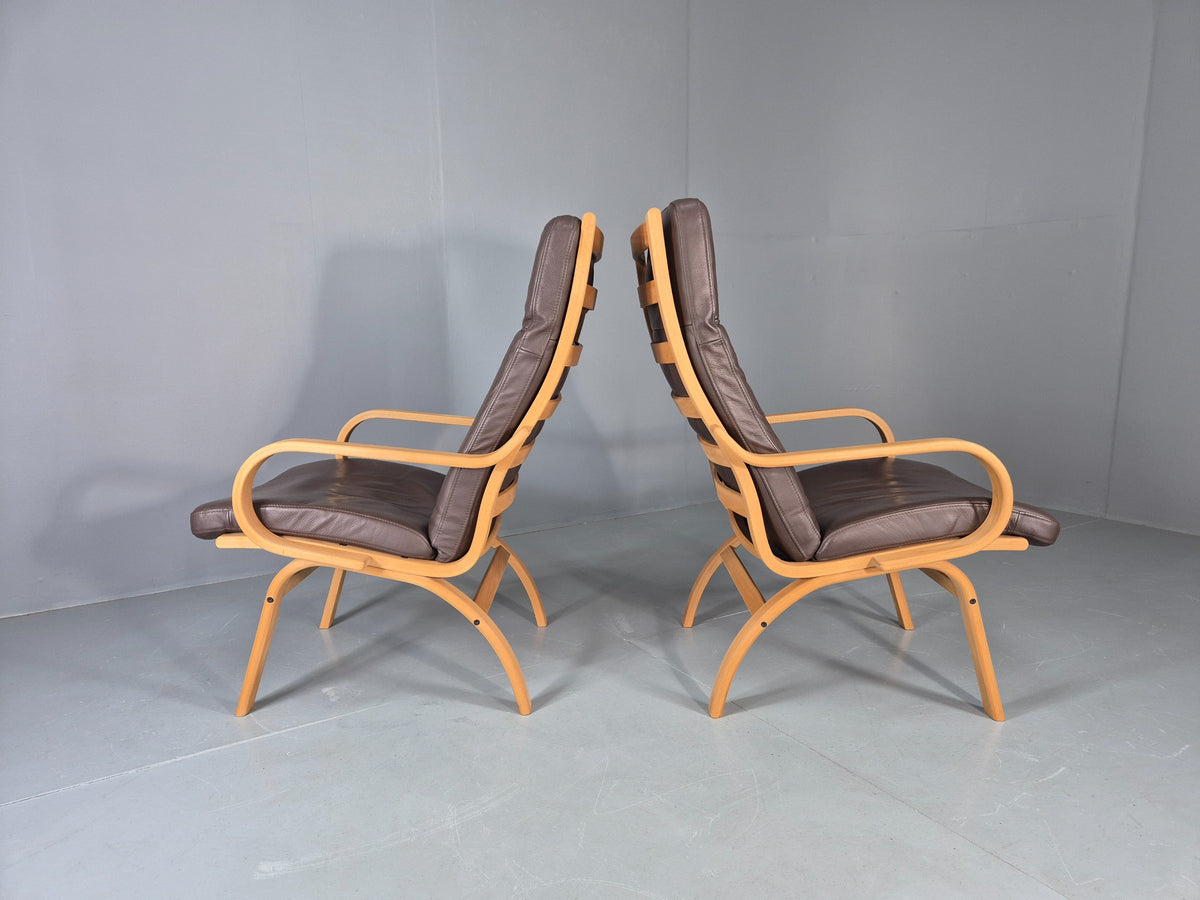 2 Vintage Danish Leather Lounge Chairs Bent Wood Frames 1980s Retro EB13073
