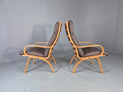 2 Vintage Danish Leather Lounge Chairs Bent Wood Frames 1980s Retro EB13073
