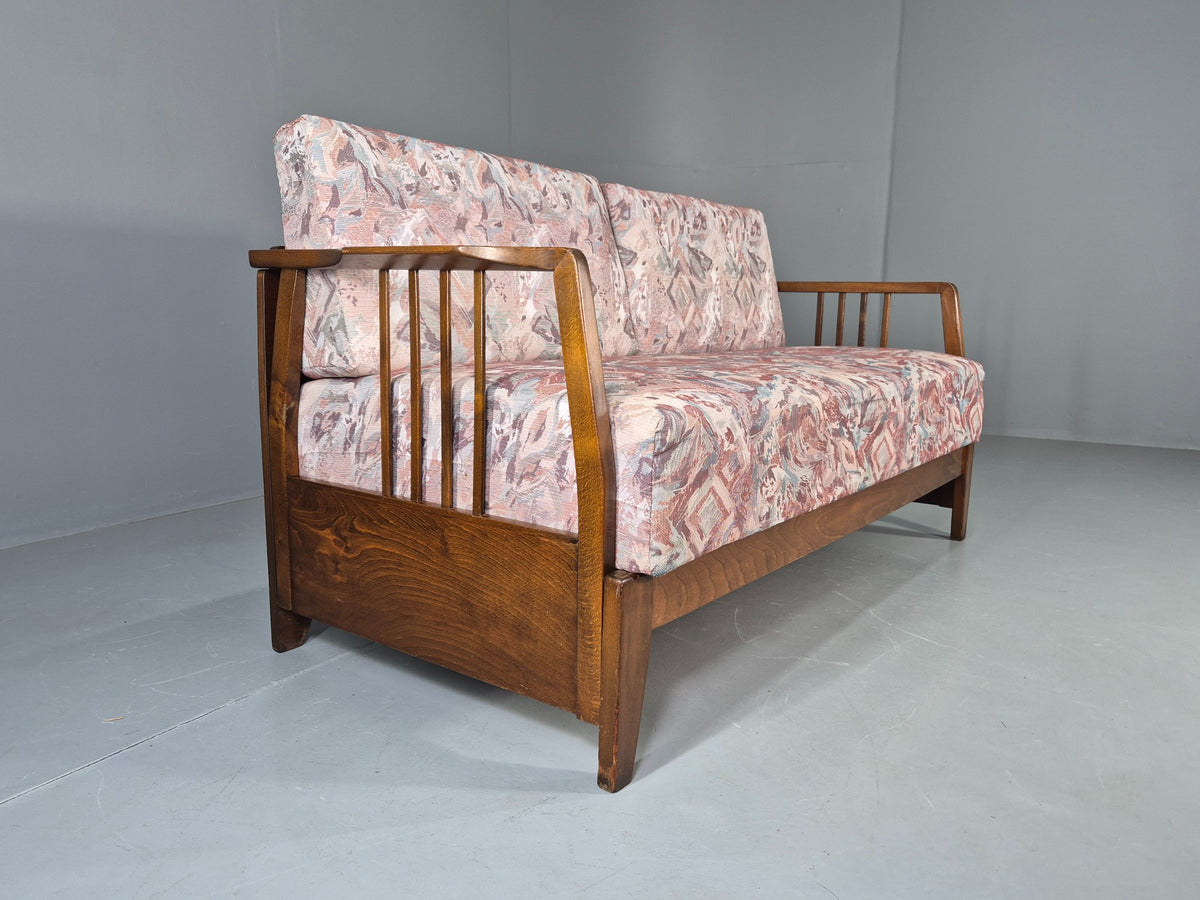 Vintage Danish Two Seat Sofa Bed Beech Frame 1950s Floral Cotton Retro EB12783