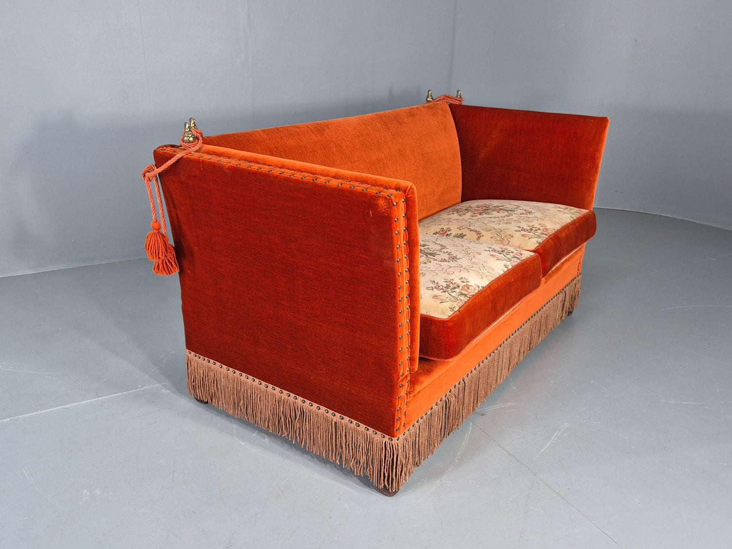 Vintage Danish Knole Sofa 2 Seater Red Velour Floral Cream Cushions EB12725