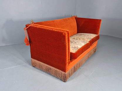 Vintage Danish Knole Sofa 2 Seater Red Velour Floral Cream Cushions EB12725