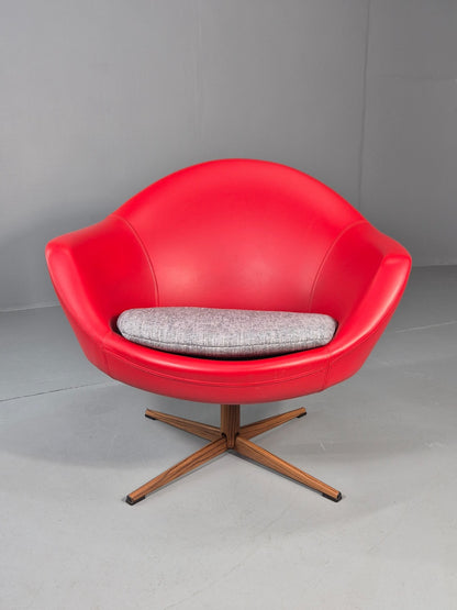 Vintage 1960s Swivel Chair Red Vinyl Grey Cushion Mid Century EB11076 MSWI