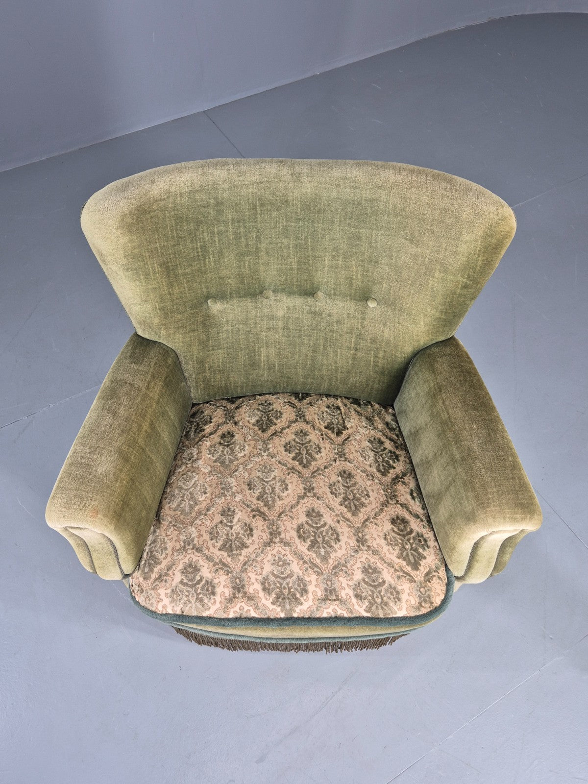Vintage 1950s Armchair Danish Design Green Velour Tassels Art Deco EB12711