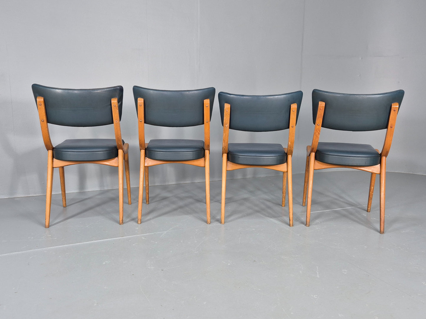 4 Vintage Ben Chairs Blue Vinyl Beech Frames 1960s Retro EB12258