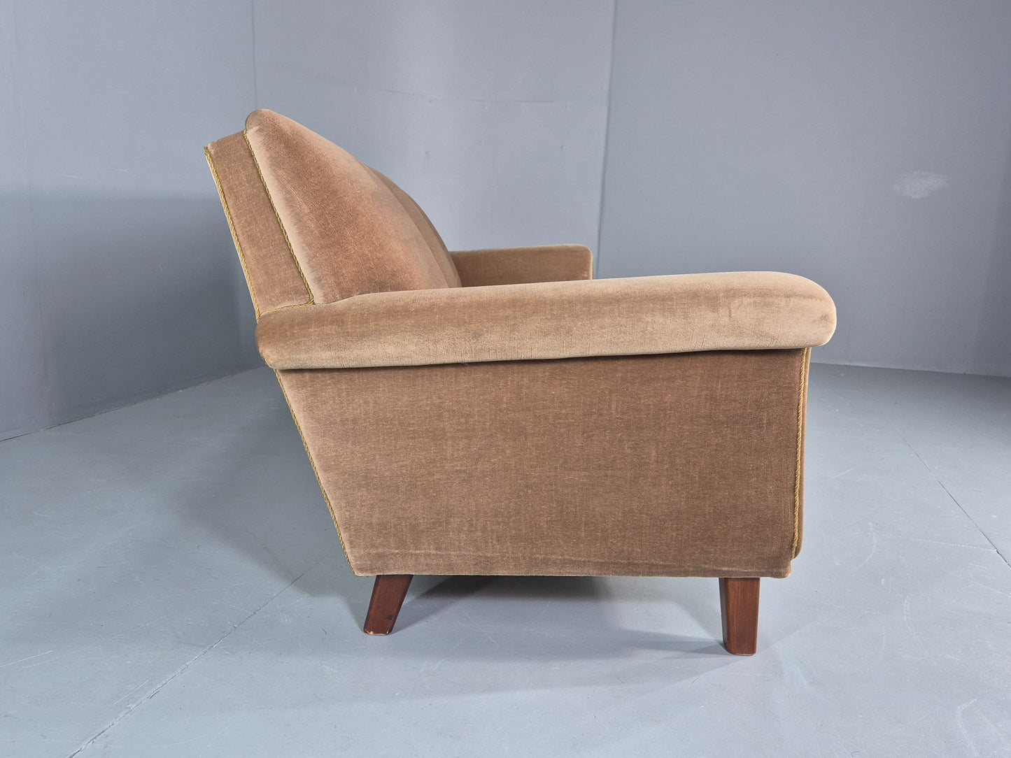 Vintage 3 Seater Sofa Mid Century Danish Green Velour Upholstery 1960s  EB12759