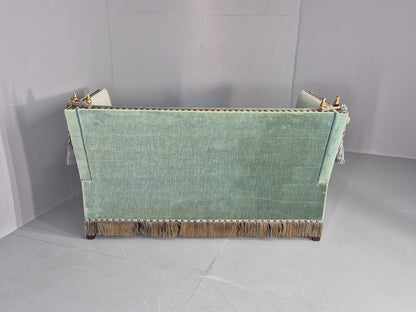 Vintage Danish Knole Sofa 2 Seater Blue Velour Floral Cream Cushions EB12748
