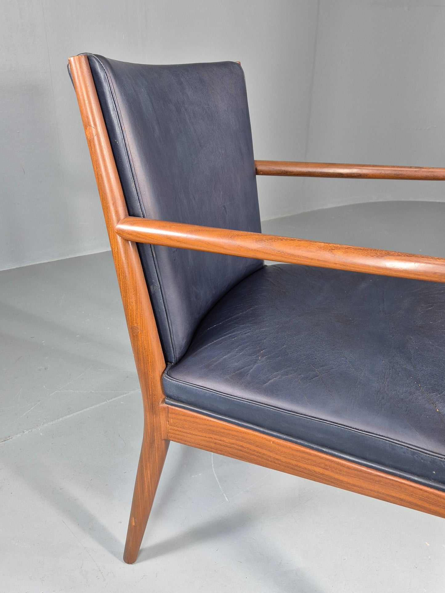 Vintage Mid Century Teak Armchair Blue Leather 1960s Retro  EB11909