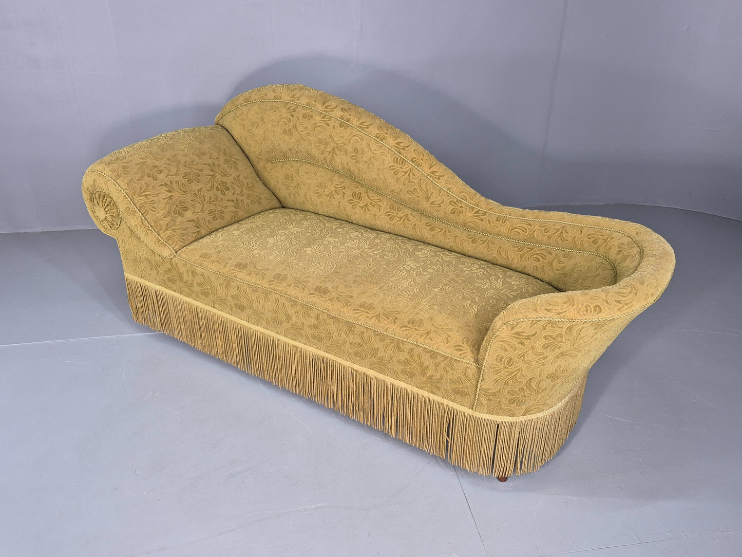 Vintage Danish Art Deco Chaise Lounge Green Moquette Tassels and Curves EB12765