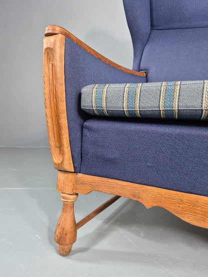 Vintage Danish Lounge Wing Chair Oak Frame Blue Wool 1970s  Retro MCM EB12771