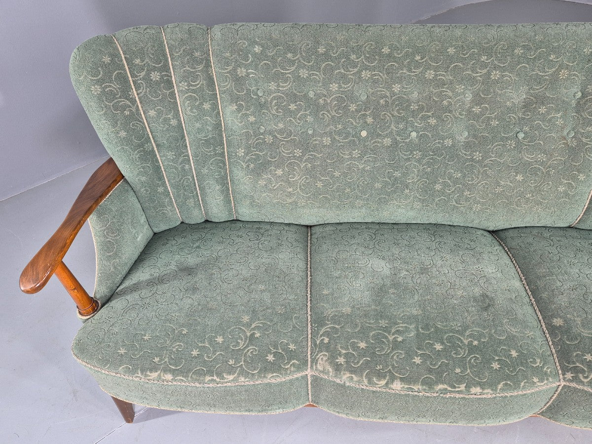 Danish 1950s 3 seater Sofa Shell Back Green Moquette Curved Front EB12768