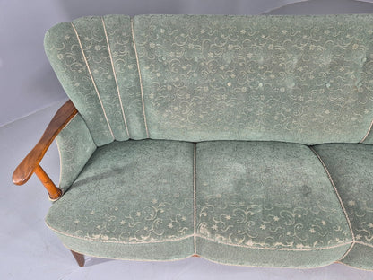 Danish 1950s 3 seater Sofa Shell Back Green Moquette Curved Front EB12768