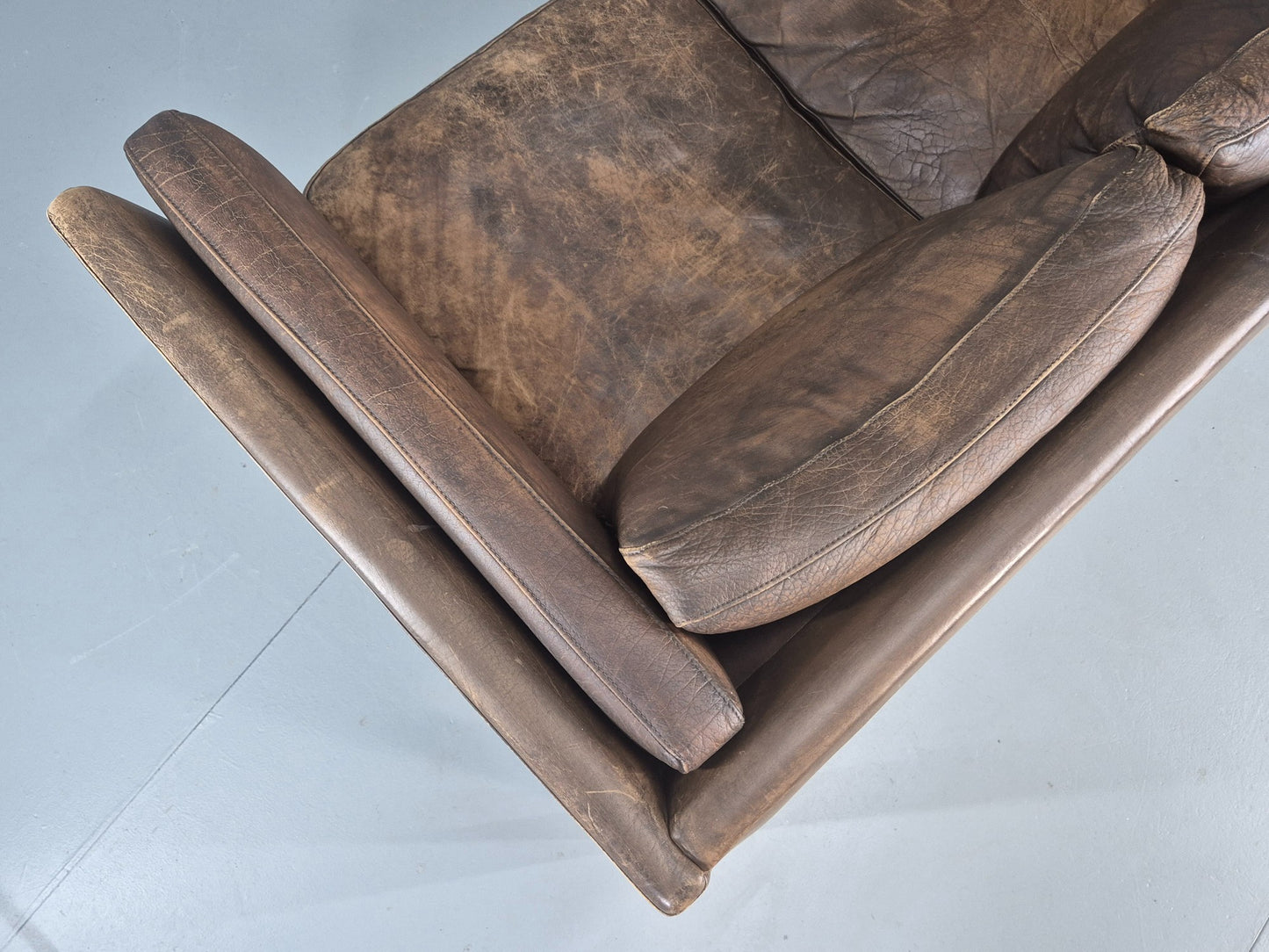 Vintage Danish 3 Seater Sofa 1970s Brown Leather Patinated Retro MCM EB12412