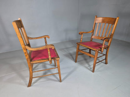 2 Antique Elbow Chairs Danish Oak Frame Red Leather 1900s EB07393