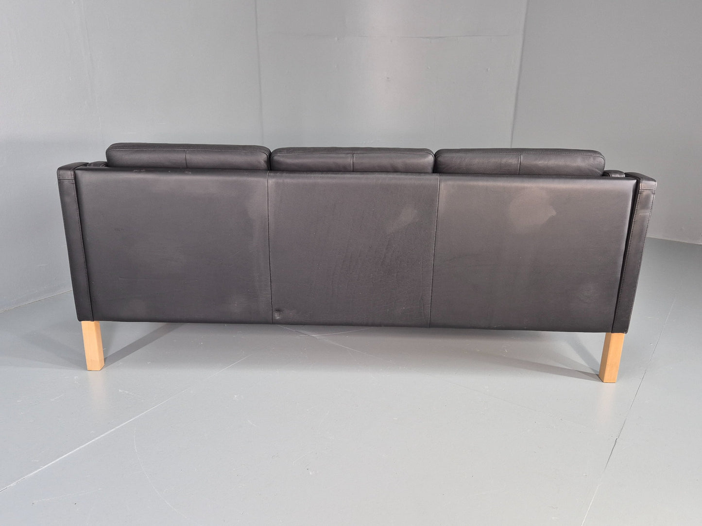 Vintage 3 Seater Sofa Danish Black Leather Mogensen Style Retro MCM 80s EB12440