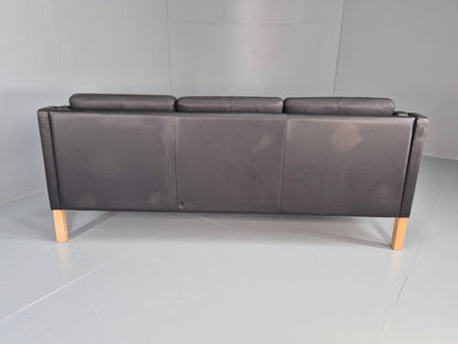Vintage 3 Seater Sofa Danish Black Leather Mogensen Style Retro MCM 80s EB12440